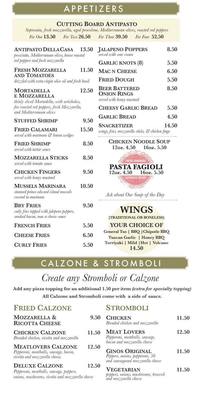 Gino's Pizzeria Poughkeepsie To Go Menu Appetizers, Calzones, Stromboli