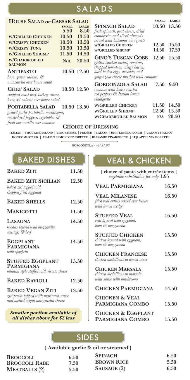 Gino's Pizzeria Poughkeepsie To Go Menu Salads, Baked Dishes, Veil & Chicken, Sides